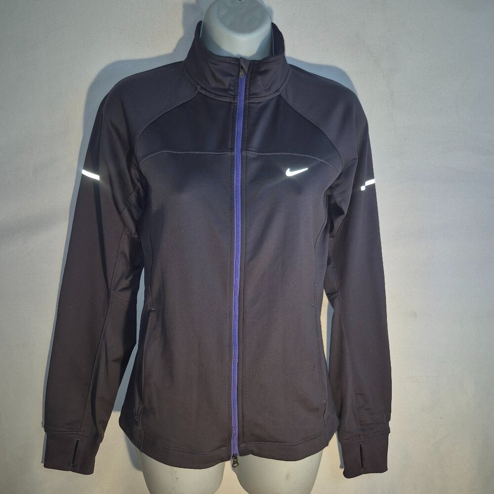 Nike athletic running jacket with zippered front. Grey w/ purple trim. Small